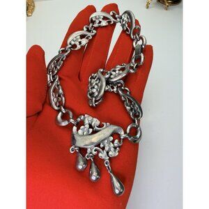 Signed Paris Art Nouveau Revival Silver Tone Floral Choker Necklace 15” Rare